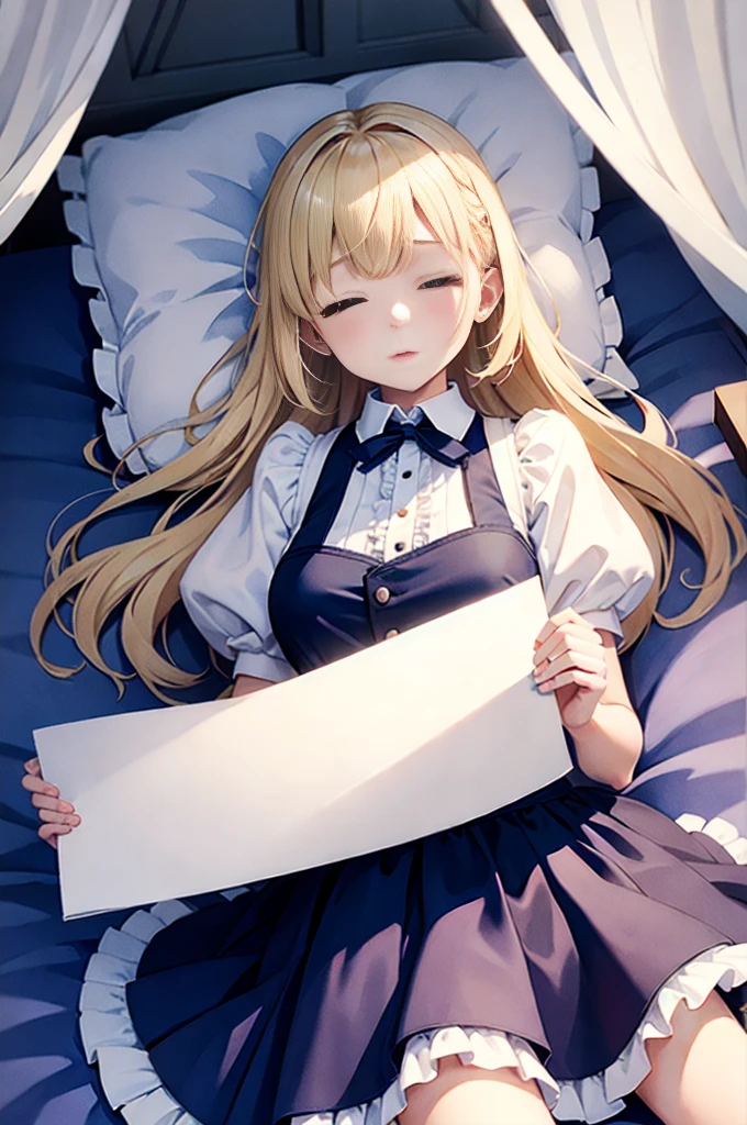 highest quality、cinematic lighting、girl wearing a white dresini skirt、blonde hair、Sleep on a frilled bed with a canopy、watercolor painting、