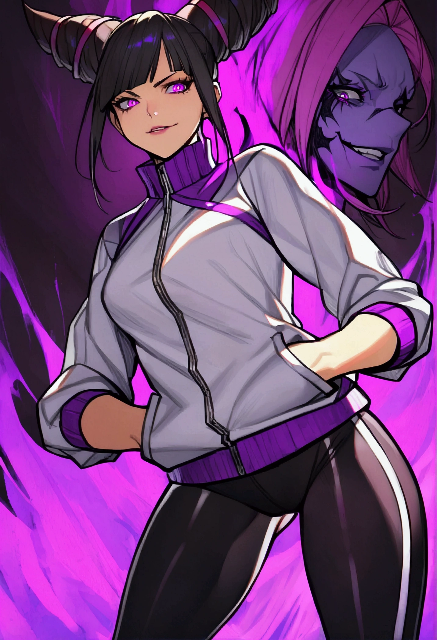 独奏,juri han,wearing tight white and purple gym jacket,horn hair,purple eyes shining bright,legging preta e roxa de academia,purple aura,evil smile,bangs on the eyes,detailed hair,hands in pockets