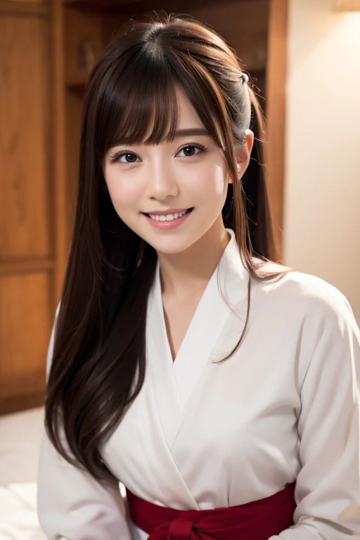 8k、High definition、Ultra Detail、Photorealistic、High resolution、Realistic and accurate depiction、Realistic and accurate human anatomy、Highest quality、Japanese women 、beautiful girl、White and red long sleeve hakama,White tabi,Red ribbon in hair,18-year-old,bangs,Smile a little,knees,Low Ponytail,From below, An innocent smile、Natural Makeup、Perfect Skin、Charm、cute