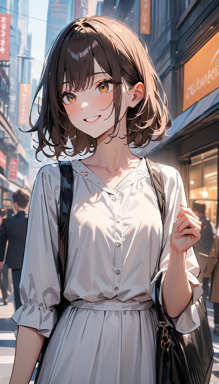 23 years old, masterpiece , modern, Verism, masterpiece, super detail, best quality, 4K , (upper body), a beautiful woman, dark brown hair, white blouse , smile ,  BREAKE carrying a designer bag in her hand, strolling through city

