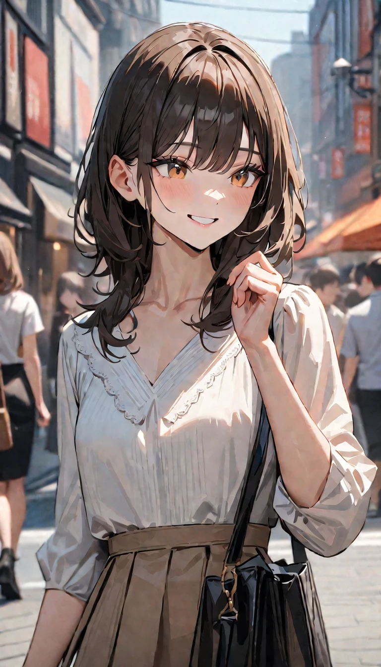 23 years old, masterpiece , modern, Verism, masterpiece, super detail, best quality, 4K , (upper body), a beautiful woman, dark brown hair, white blouse , smile , BREAKE carrying a designer bag in her hand, strolling through city