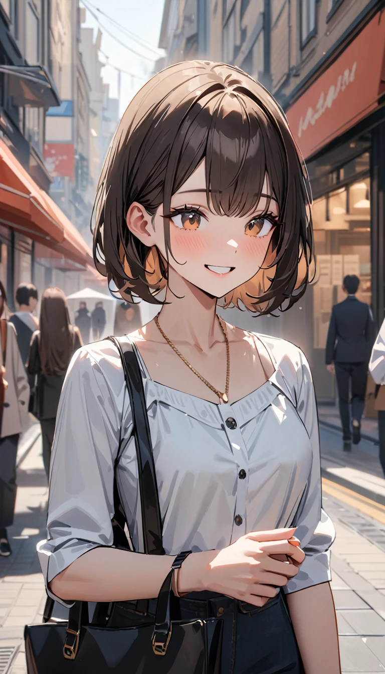 23 years old, masterpiece , modern, Verism, masterpiece, super detail, best quality, 4K , (upper body), a beautiful woman, dark brown hair, white blouse , smile , BREAKE carrying a designer bag in her hand, strolling through city