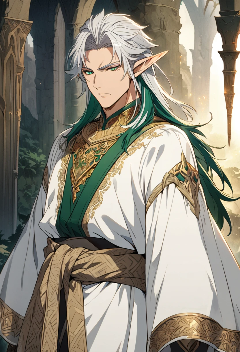 A highly detailed, anime-style illustration of a masculine 30-year-old elf with long, straight silver hair and striking emerald green eyes, depicted in a Western fantasy style. He is tall and wears a white robe with a dark navy inner layer, adorned with intricate patterns and a golden ornament around his waist. The elf has a calm, mature expression, adding a sense of wisdom to his strong features. The background features a medieval fantasy setting with castles or ancient forests, adding to the mystical atmosphere. Soft lighting highlights his masculine features and the smooth texture of his hair. The style is similar to high-quality Pixiv art.