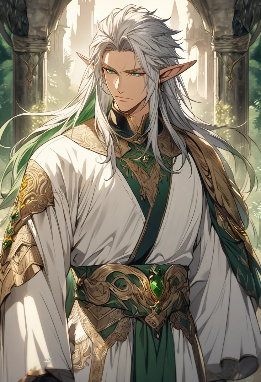 A highly detailed, anime-style illustration of a masculine 30-year-old elf with long, straight silver hair and striking emerald green eyes, depicted in a Western fantasy style. He is tall and wears a white robe with a dark navy inner layer, adorned with intricate patterns and a golden ornament around his waist. The elf has a calm, mature expression, adding a sense of wisdom to his strong features. The background features a medieval fantasy setting with castles or ancient forests, adding to the mystical atmosphere. Soft lighting highlights his masculine features and the smooth texture of his hair. The style is similar to high-quality Pixiv art.