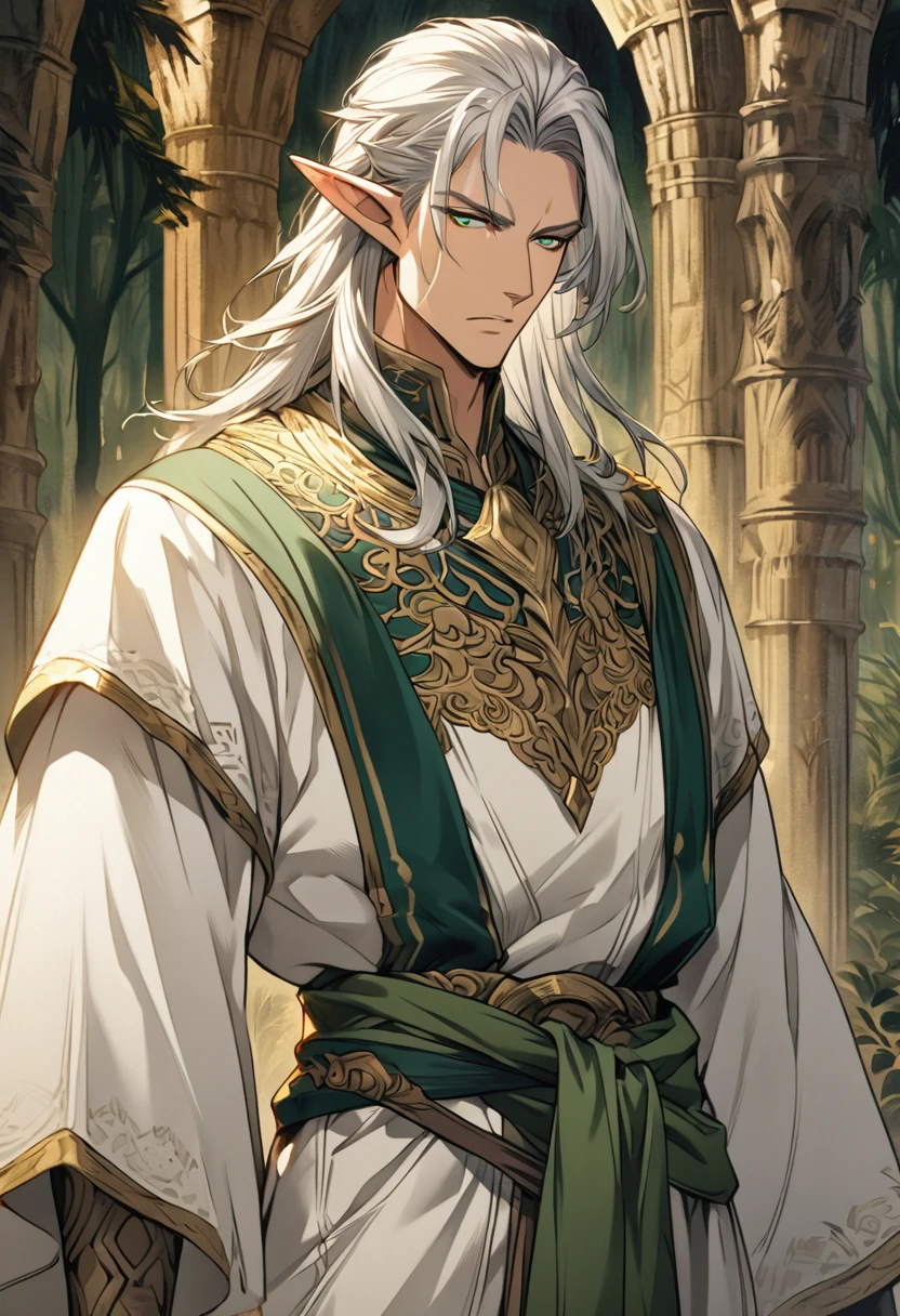 A highly detailed, anime-style illustration of a masculine 30-year-old elf with long, straight silver hair and striking emerald green eyes, depicted in a Western fantasy style. He is tall and wears a white robe with a dark navy inner layer, adorned with intricate patterns and a golden ornament around his waist. The elf has a calm, mature expression, adding a sense of wisdom to his strong features. The background features a medieval fantasy setting with castles or ancient forests, adding to the mystical atmosphere. Soft lighting highlights his masculine features and the smooth texture of his hair. The style is similar to high-quality Pixiv art.