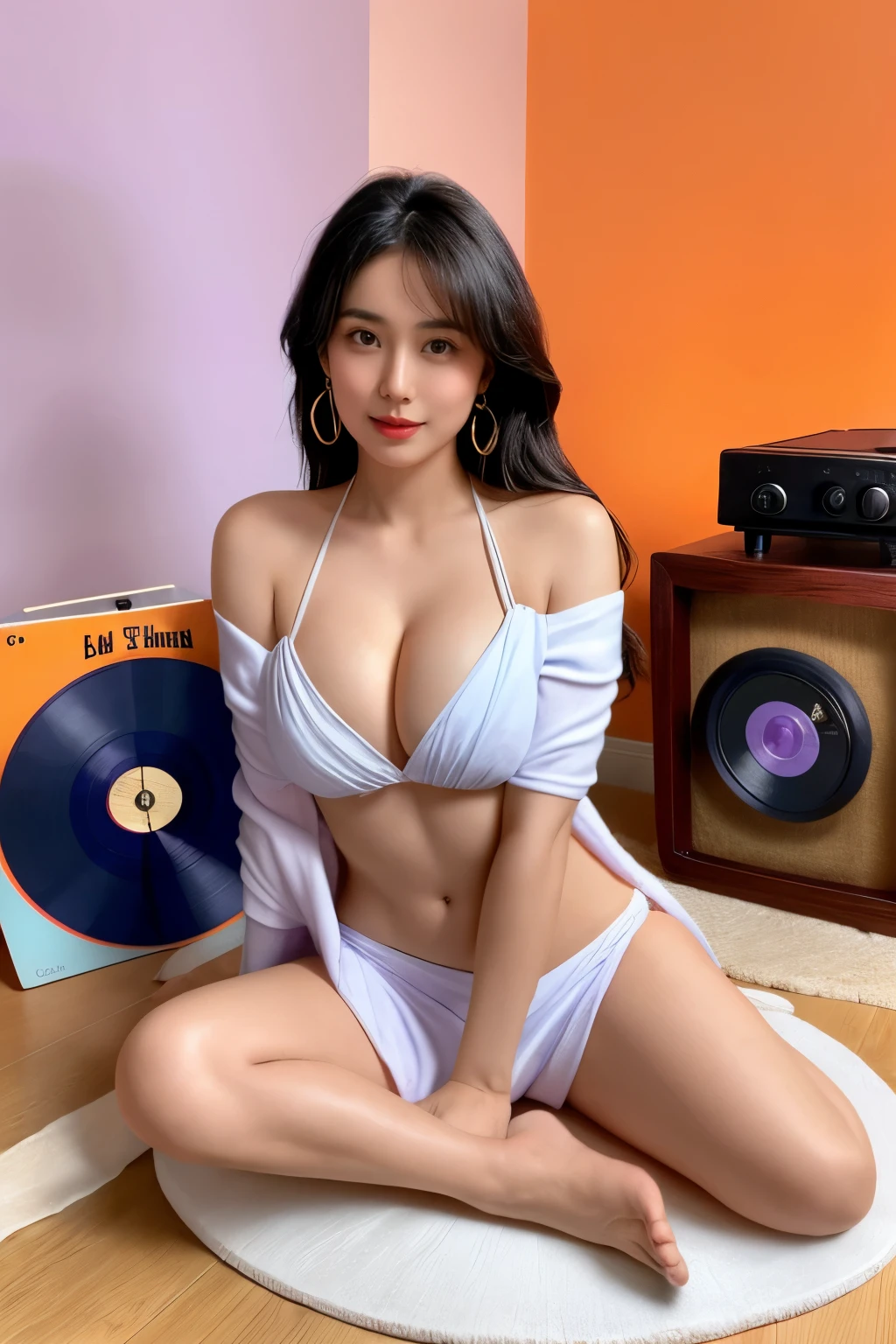 A busty woman sitting on a purple cushion against an orange backdrop. She wears a blue bikini and has a white towel draped over her shoulders. She holds a black object in her left hand, possibly a phone or a remote. To her left, there's a vintage wooden record player with a vinyl record on its turntable. The floor beneath her is covered with a white cloth, and the overall ambiance of the image exudes a relaxed, summery vibe