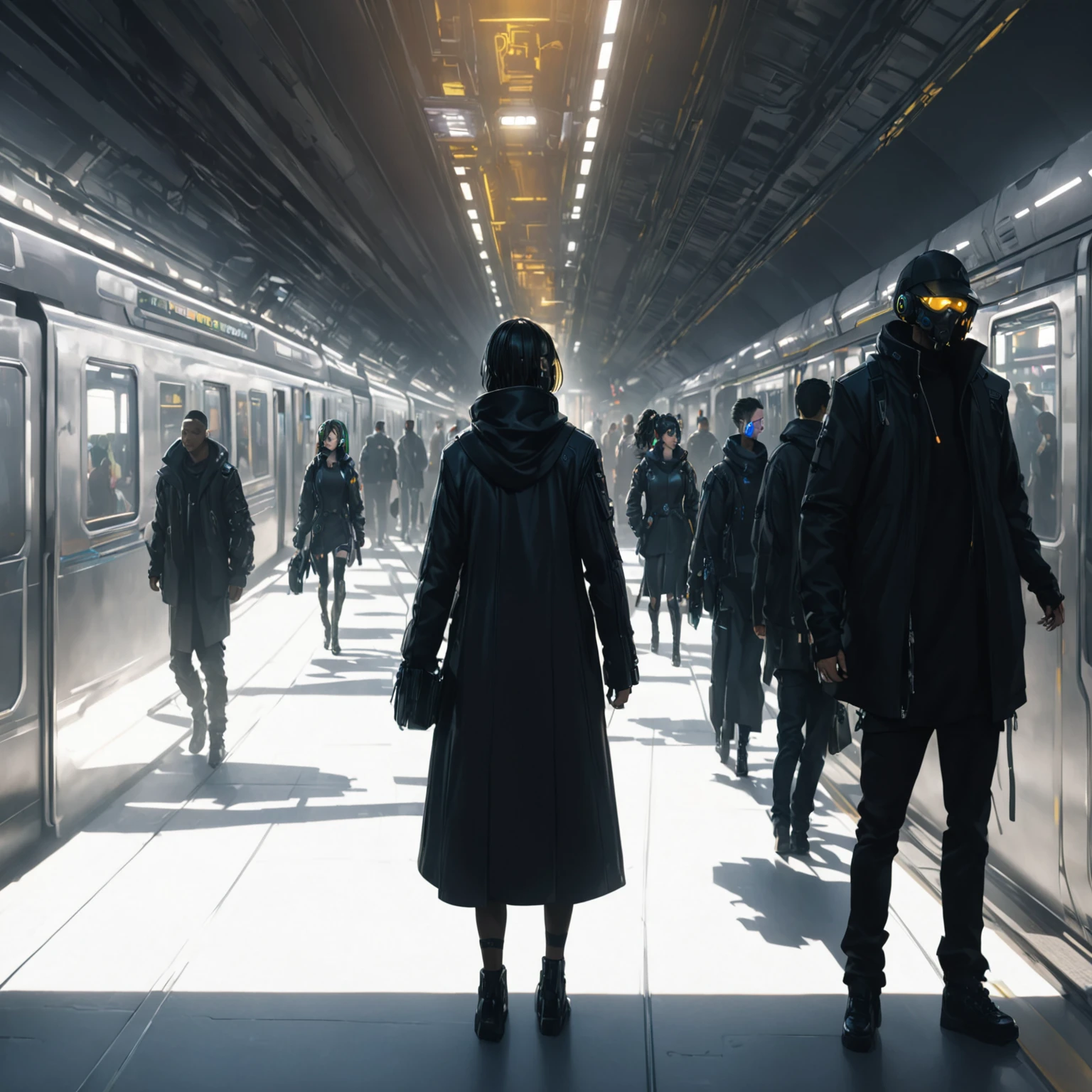 people walking on a subway platform with a train in the background, cyberpunk elevated train, futuristic cyberpunk scenario, modern cyberpunk anime, digital cyberpunk anime art, cyberpunk digital painting, cyberpunk illustration, cinematic matte illustration, dark cyberpunk illustration, in cyberpunk city, in a subway, hyper-realistic cyberpunk style, sci-fi digital painting, cyberpunk themed art, anime cyberpunk art
