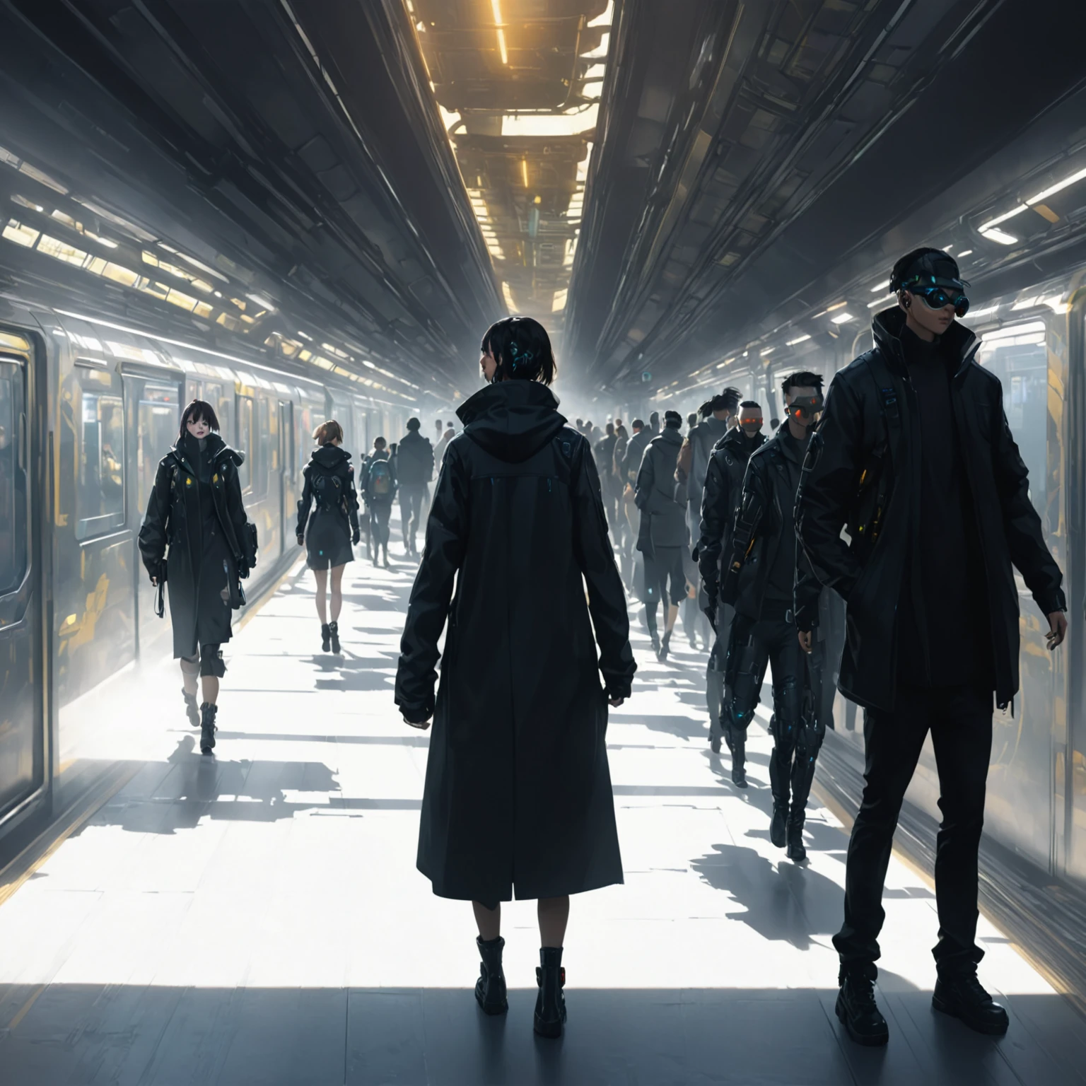 people walking on a subway platform with a train in the background, cyberpunk elevated train, futuristic cyberpunk scenario, modern cyberpunk anime, digital cyberpunk anime art, cyberpunk digital painting, cyberpunk illustration, cinematic matte illustration, dark cyberpunk illustration, in cyberpunk city, in a subway, hyper-realistic cyberpunk style, sci-fi digital painting, cyberpunk themed art, anime cyberpunk art