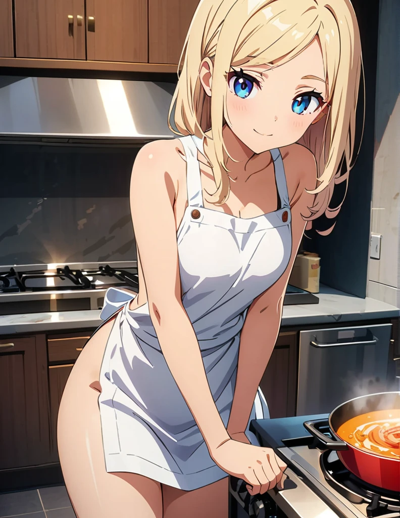 (anime artwork, anime style, studio anime, very detailed, up to date, vibrant, Anime Coloring, high contrast, masterpiece:1.2, best quality, best aesthetics),2 girl, Medium chest, A glimpse of thighs,random hair, One eye is hidden by the bangs, perfect proportions, high detail skin, Cute, detailed faces,kitchen, precise fingers,cooking,apron on naked body,light smile 
