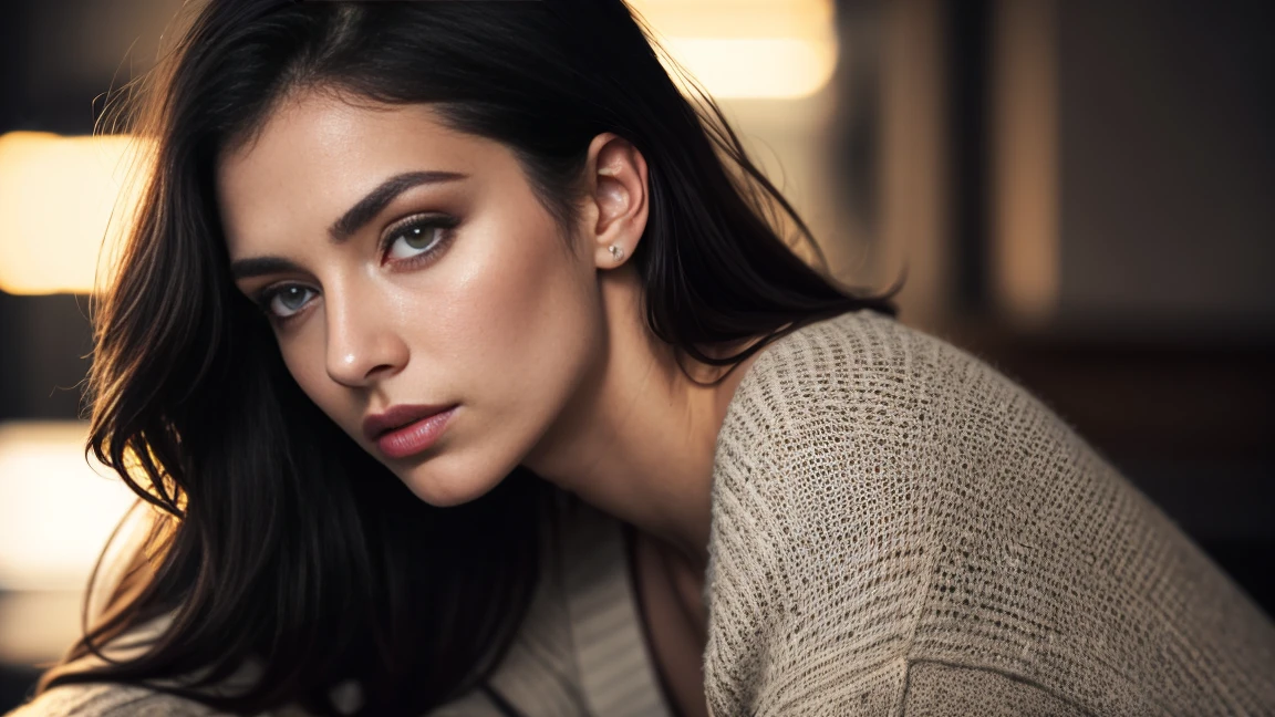 A sexy French woman, black sleeve rolled up to elbow sweater, short jean shorts, detailed face, beautiful eyes, beautiful lips, extremely detailed face and portrait, long eyelashes, cinematic lighting, dramatic lighting, warm color palette, chiaroscuro lighting, photorealistic, 8k, best quality, masterpiece