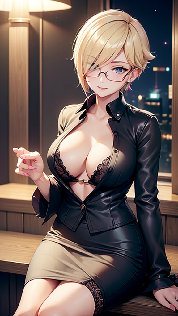 Big Breasts、Blonde Pixie Cut、Glasses、Pokemon　Sirona、Black lace trim bra, Open shirt, Pencil Skirt、Pink love hotel with dim lights、Wicked Smile、Lightly open your mouth、Evil female executive、adult、Married Woman、slouch