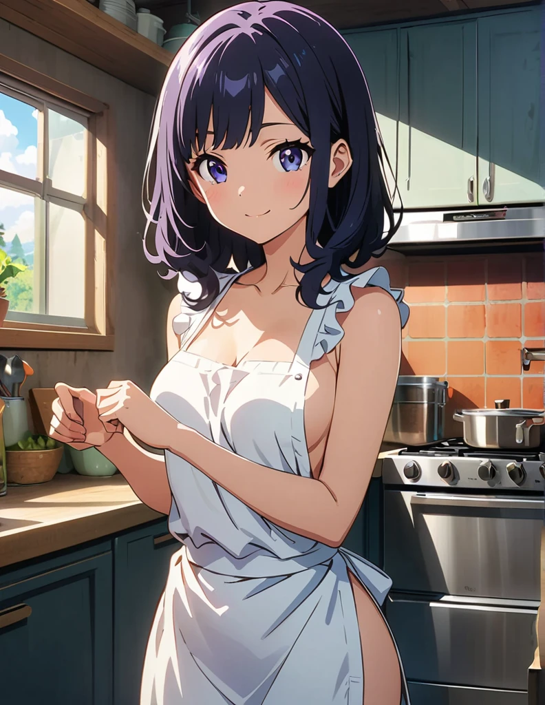 (anime artwork, anime style, studio anime, very detailed, up to date, vibrant, Anime Coloring, high contrast, masterpiece:1.2, best quality, best aesthetics),2 girl, Medium chest, A glimpse of thighs,random hair, One eye is hidden by the bangs, perfect proportions, high detail skin, Cute, detailed faces,kitchen, precise fingers,cooking,apron on naked body,light smile 