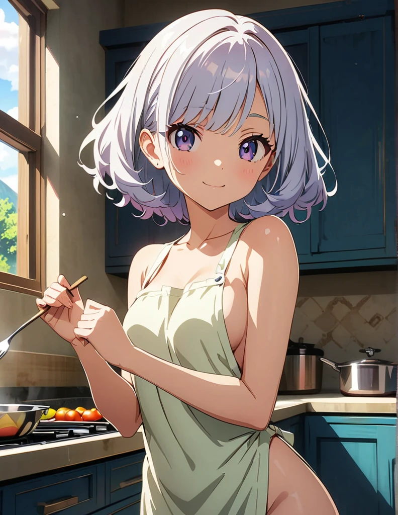 (anime artwork, anime style, studio anime, very detailed, up to date, vibrant, Anime Coloring, high contrast, masterpiece:1.2, best quality, best aesthetics),2 girl, Medium chest, A glimpse of thighs,random hair, One eye is hidden by the bangs, perfect proportions, high detail skin, Cute, detailed faces,kitchen, precise fingers,cooking,apron on naked body,light smile 