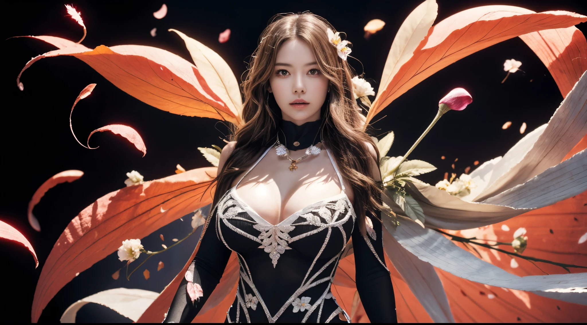 1girl, holding flower, ancient artifacts, (complex petal structure:1.4), flower suit, space background, black and red entanglement, crystal and silver entanglement, (naked:0.8), cinematic contrast lighting, (gigantic breasts:1.2),