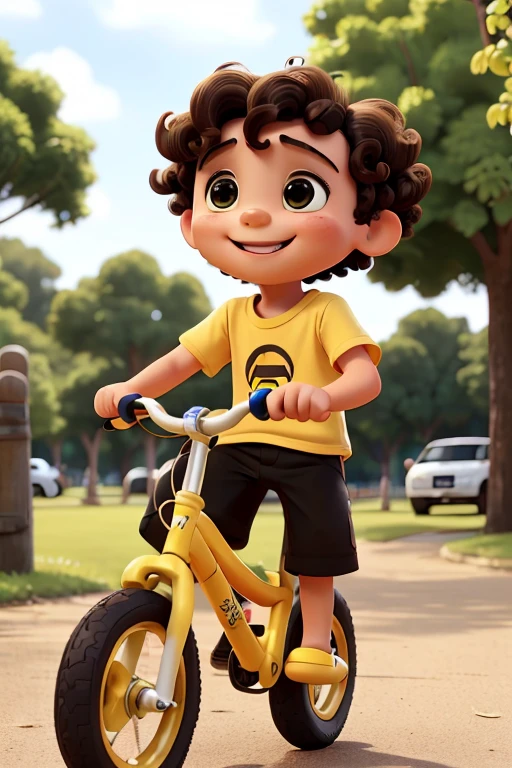 a photo of tonton carinss, a 2 year old boy, happy and smiling, white, short curly brown hair, brown eyes, yellow shirt, black shorts, riding a bike in the park