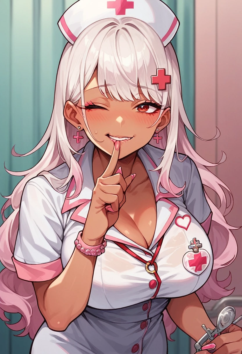 Korean girl , big titties , white hair, gyaru, red eyes, ornaments, in a pink nurse costume, in a pink room , biting finger , long hair , winking