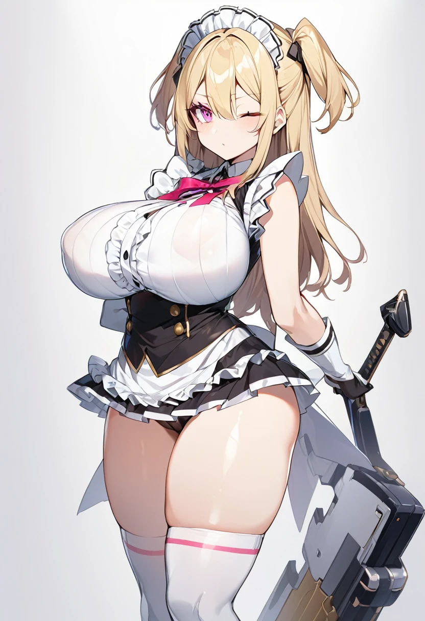 (One girl)、((medium length hair))、(sidelock)、((Blonde))、(slan eyes)、（boyish）、cute、(Big super breasts)、((Chubby))、Maid、No sleeve、mini skirt、White sleeveless、thigh-high socks thighhighs、(long gloves)、hairs between eyes、(coarse hair)、[flipped hair]、pink eye、expressionless、one eye closed、arm behind back、two side up、White Background、