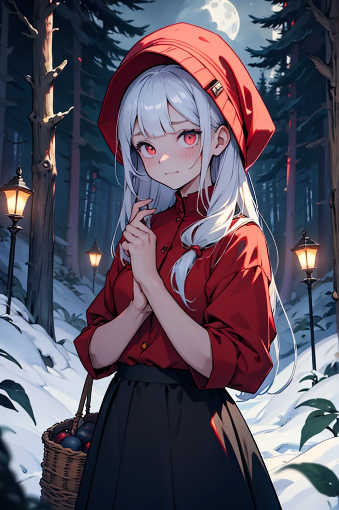 located on the edge of the dark, dark forest, the bushes around look scary, terrifying, feeling like something is watching the girl, a bunch of red ones are visible from the bushes, bright, sparkling eyes, It's night, you can see a lot of stars, the full moon is shining brightly, gives off a silvery tint, the moon is also watching the girl, The girl is wearing a red cap, red blouse, blue skirt, basket in hands, stuffed with fresh delicious pies, the girl is scared, she has a scared look on her face, She does not know, where should she go