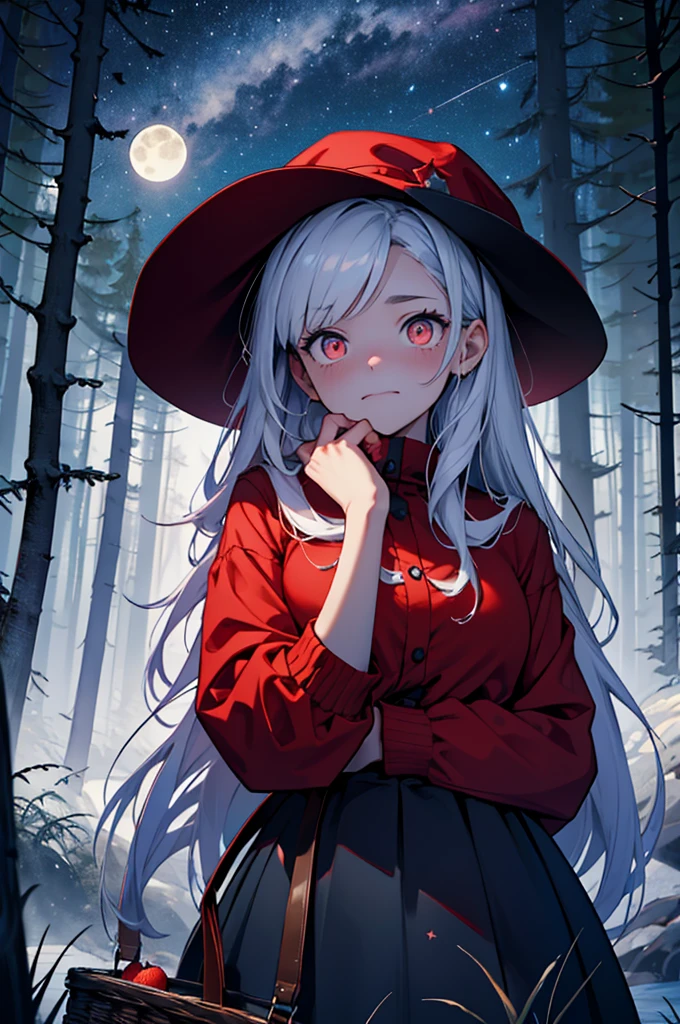 located on the edge of the dark, dark forest, the bushes around look scary, terrifying, feeling like something is watching the girl, a bunch of red ones are visible from the bushes, bright, sparkling eyes, It's night, you can see a lot of stars, the full moon is shining brightly, gives off a silvery tint, the moon is also watching the girl, The girl is wearing a red cap, red blouse, blue skirt, basket in hands, stuffed with fresh delicious pies, the girl is scared, she has a scared look on her face, She does not know, where should she go