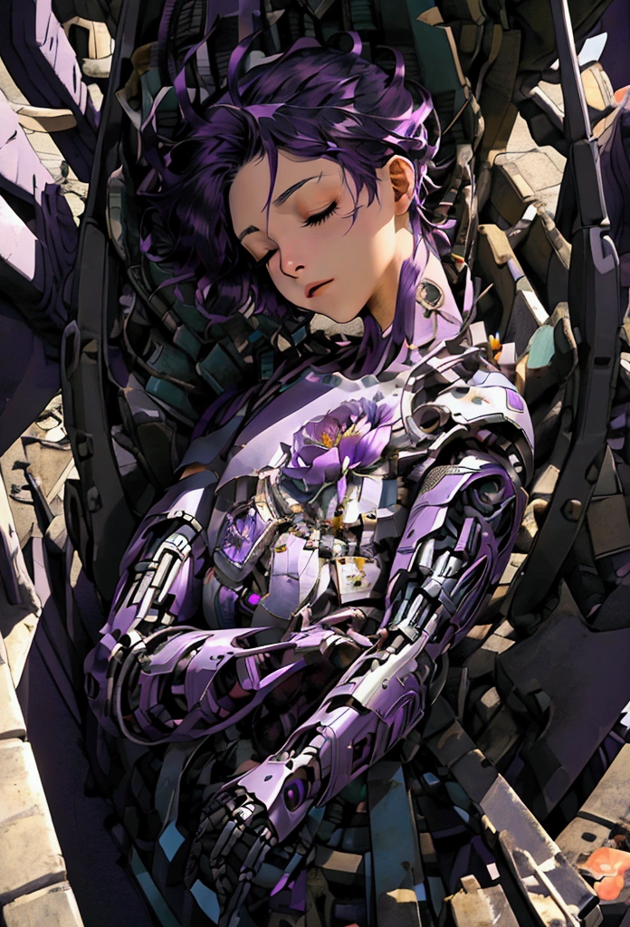 ((Artwork, high quality)), (a robotic hand emerging from a pile of trash and scrap), (delicately holding a flower), (attached to the arm of a teenage boy), (the rest of his body buried beneath the junk), (purple hair), (eyes closed, giving the impression of lifelessness), (environment completely filled with junk).




