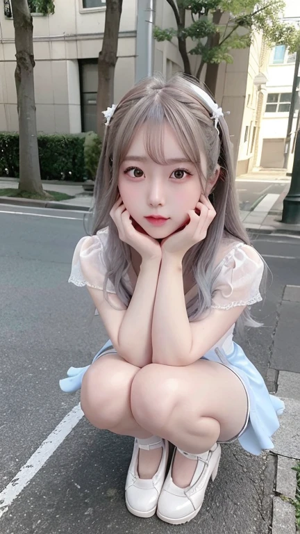 ((The photo shows her from the knees up.))、blush,Long white hair、Squat down、 open your legs、(())、,(White and light blue gothic lolita fashion),choker,loafers、Chest、Belly button、Hips、Street,(8k, RAW Photos, Highest quality, The pieces fly:1.2), (reality, Realistic:1.4), (非常に詳細な8k壁紙),  Sharp focus, Depth of written border, Cinema Lighting, Soft Light, Detailed beauty eyes,Asymmetrical bangs, Glowing Skin, Highly detailed skin ,High resolution, Attention to detail, Detailed hairstyle, Detailed beauty face, Hyper Real, Perfect limbs, Perfect Anatomy ,1 Japanese girl,Famous Japanese Idols, Perfect female body,A shy smile,Long eyelashes,double eyelid,Look straight here、Street,Stand up straight and face me,,look straight at me,,Small breasts