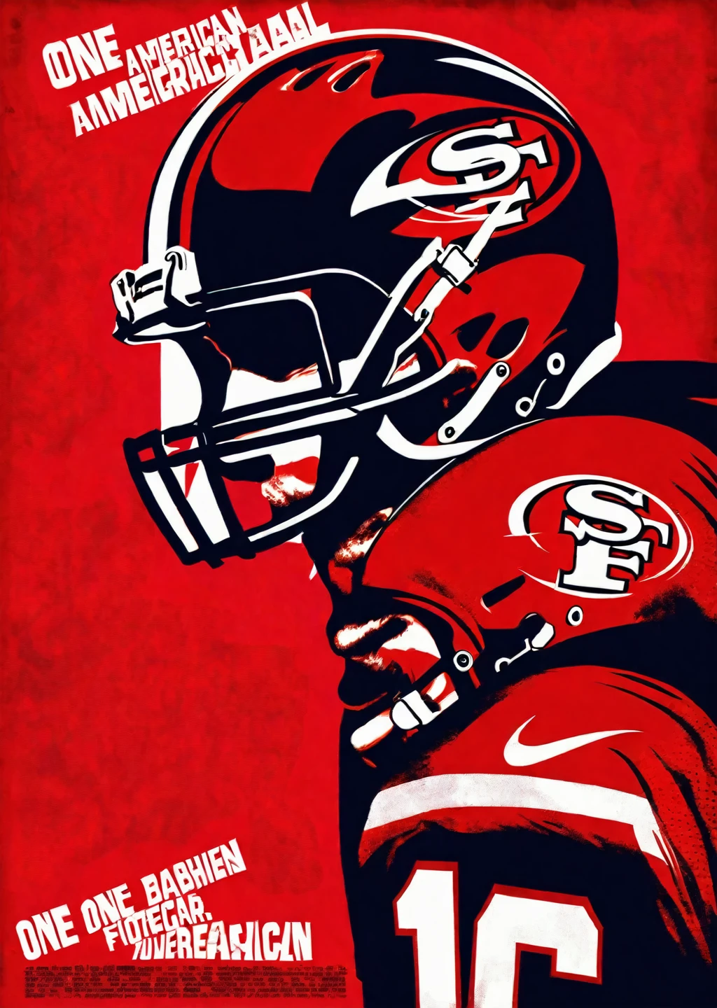 One American football player、Joe Montana、silhouette、Realistic、49ers Theme Karl Kleiner Barbara Kruger Summary, Black、American, collage, Digital, graphic design, Pop Art, Portraiture