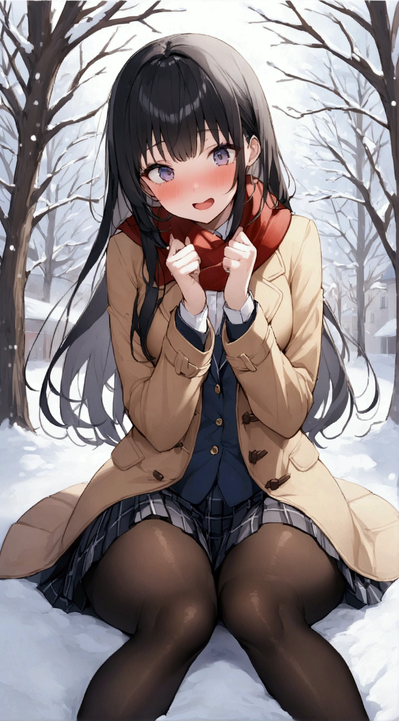 One Woman、beautiful girl、after school、evening、high school girl、Academy、Back of the school building、Schoolyard、winter、Under a big tree、It's snowing、Snowfall、Blazer uniform、Pleated skirt、Duffle coat、Black Pantyhose、Long Hair、Wearing a scarf、Highest quality, Thick thighs、Big 、Big Ass、Black Hair、Slipping on snow、Slip and fall、Fall backwards spectacularly、Black panties、Surprised expression、Fall fancy、Scream、Slam one's ass on the ground、Girl sitting、Put your hands on your buttocks