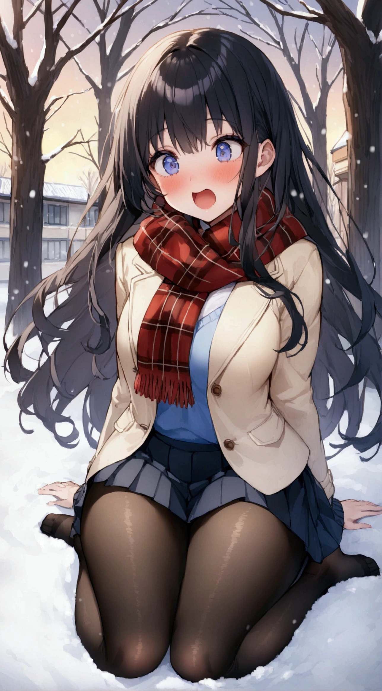 One Woman、beautiful girl、after school、evening、high school girl、Academy、Back of the school building、Schoolyard、winter、Under a big tree、It's snowing、Snowfall、Blazer uniform、Pleated skirt、Duffle coat、Black Pantyhose、Long Hair、Wearing a scarf、Highest quality, Thick thighs、Big 、Big Ass、Black Hair、Slipping on snow、Slip and fall、Fall backwards spectacularly、Black panties、Surprised expression、Fall fancy、Scream、Slam one's ass on the ground、Girl sitting、Put your hands on your buttocks
