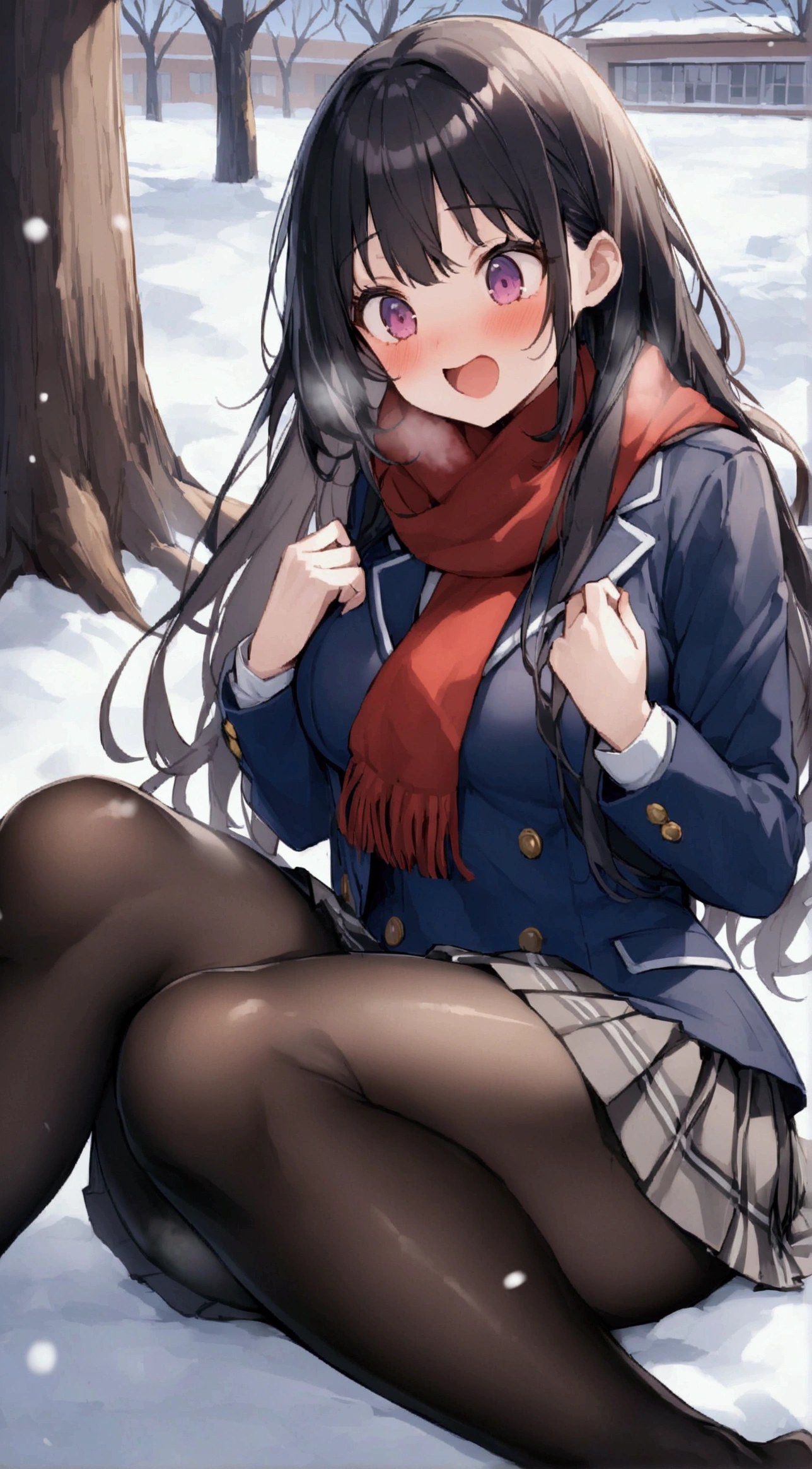 One Woman、beautiful girl、after school、evening、high school girl、Academy、Back of the school building、Schoolyard、winter、Under a big tree、It's snowing、Snowfall、Blazer uniform、Pleated skirt、Duffle coat、Black Pantyhose、Long Hair、Wearing a scarf、Highest quality, Thick thighs、Big 、Big Ass、Black Hair、Slipping on snow、Slip and fall、Fall backwards spectacularly、Black panties、Surprised expression、Fall fancy、Scream、Slam one's ass on the ground、Girl sitting、Put your hands on your buttocks