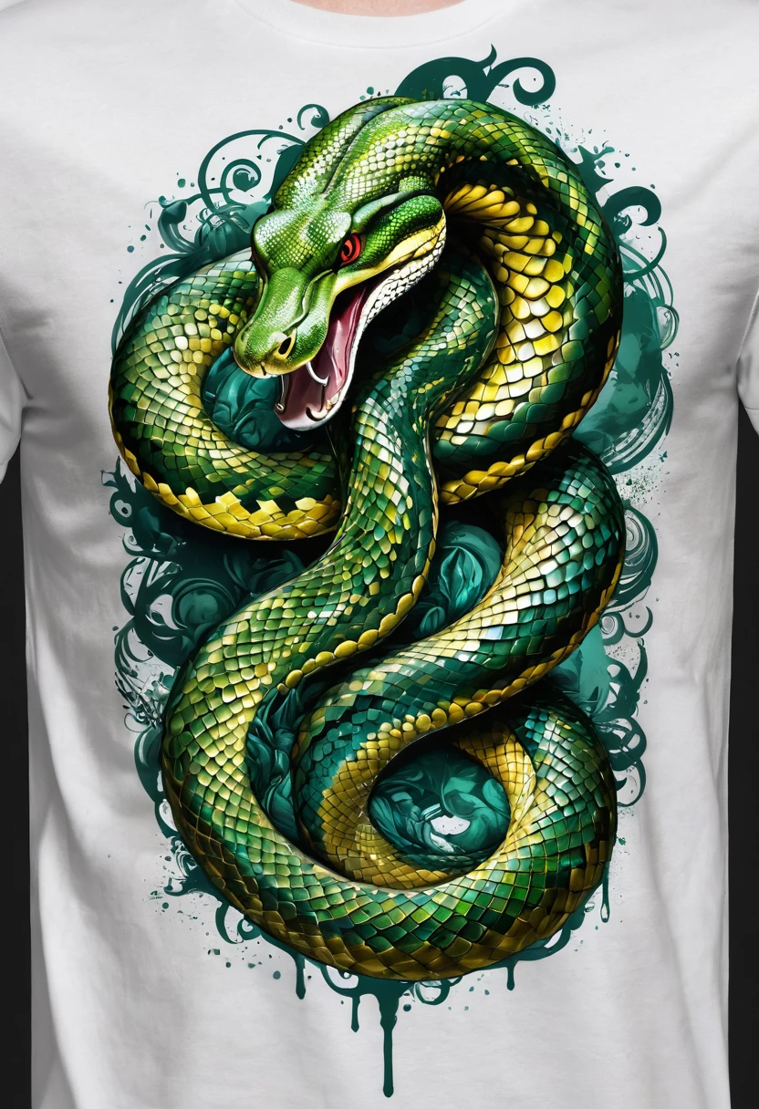 T-shirt designs, Create a menacing white t-shirt with a full-length python motif inspired by the aesthetics of heavy metal music. The art work features an elegant style, python dourado e verde claro enrolado sinuosamente, its scales shining in the dim light. python'The mouth is wide open, revealing rows of sharp teeth dripping with blood, exuding a raw feeling, primitive aggression, clear sky and bright sun in the background, improving the sinister atmosphere of the design. python'the eyes shine with a malevolent shine, capturing the essence of danger and violence. The overall style is bold and intense, embodying the dark and edgy spirit of heavy metal music.