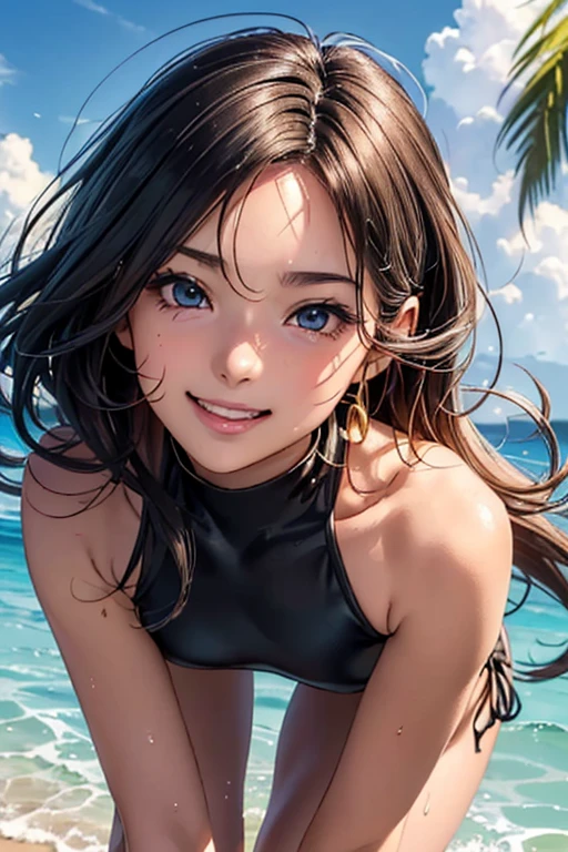 #基本
女の子がphotographのポーズをとっている, ((One Girl)), (((Baby Face:1.2)) + ((cute:1.3))),
#女の子がphotographのポーズをとっている, ((One Girl)), (((Baby Face)) + ((cute)) + 16 years old),
break
#Clothing Accessories
((Gold lines on a black background)One piece swimsuit : (Super High Leg) + (High neck sleeveless) + Black leotard + (Side cut:1.2 + Side Opening:1.2)), black high heel sandals,
break
#Features
(Silver Hair:1.2), (I can see a beautiful forehead:1.4), (Inward curled side hair:1.2 + Chin-length sideburns), (Wolf Cut Hair : Long Hair + Curly hair + Messy Hair + Hair curled outside),
(Droopy eyes, blue eyes), (Very small breasts),
break
#background environment
(noon, (Sunlit tropical beach, cumulonimbus)),
#Facial Expression Pose
((He has a happy smile:1.4), (Wade ankle-deep in shallow water, Leaning forward, Splashing)),
#composition
((To the camera, Focus from the front, Cowboy Shot)),
break
#Body parts elements
(Slim figure),
(Detailed Hair, Beautiful Hair, Shiny Hair),
(double eyelid, Long eyelashes),
(Expression of fine eyes, Beautiful and delicate eyes, Sparkling eyes, Eye Reflexes, Glitter Eyeliner, Big eyes),
(Human Ear),
(Beautiful Nose, Thin Nose),
(Glossy Lips, Beautiful Lips, Thick lips, Glossy Lips, Natural Cheeks),
(Detailed face, Symmetrical facial features),
(Detailed skin, Textured skin, Beautiful Skin, Glowing Skin),
break
#Quality Image Quality Common
(((Highest quality)), ((masterpiece)), ((Very detailed))), ((High resolution)), ((16K,1080P)),
(Anatomically correct), (Realistic), (3DCG),
#Quality image illustration
((comics, anime)), CG illustration,
#Quality image quality realistic
#(photo-Realistic:1.37), (Photorealistic), ((RAWphotograph)), (photograph),