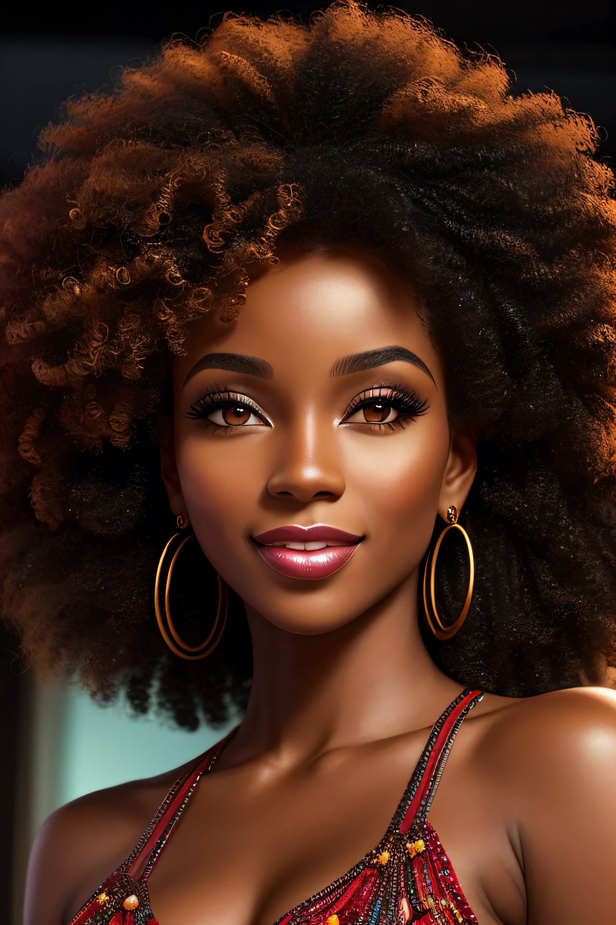 Generate an image of a female face with African-American features, curly hair, African American accessories, with a facial expression of a discreet smile, set at a disco party, profile angle, with artificial light, with makeup that highlights the woman's brown eyes and red lips. A woman must be beautiful, radiant black skin.