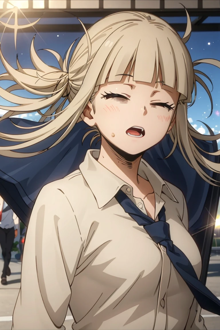 girl, White shirt,tie, whole body,Urban Background, (LOL:1.1), (Open your mouth:1.1), (Eyes Wide Open:1.2), Sun glare, Bokeh, Depth of written boundary, Blurred Background, Particles of light, Strong winds, (Heart Particles:1.1)
