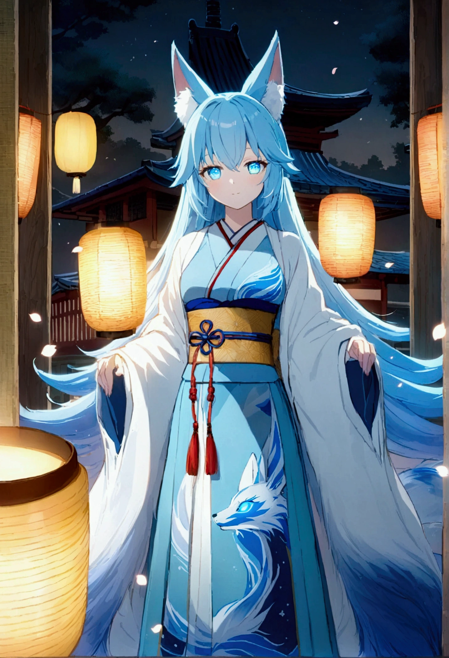 fox Light blue hair beast girl indigo fur fox beast girl fox Light blue hair beast girl indigo fur fox beast girl Wallpaper 4k,8k,highly detailled,,vivid colors,detailed kitsune with 9 tails,traditional Japanese artwork,tatami floor,beautiful cherry blossoms,floating lanterns,dark silhouette of a pagoda,subtle moonlight,dense forest,ethereal atmosphere,dappled sunlight,whimsical spirit,serene expression,elaborate kimono and obi,delicate hand-painted details,luminous eyes Anime Style fox blue White-faced golden-haired nine-tailed fox Coat blue fox Light blue hair beast girl indigo fur fox beast girl Anime Style fox blue White-faced golden-haired nine-tailed fox Coat blue mysterious background Blue Flame girl have a ball of light fox Light blue hair beast girl indigo fur fox beast girl mysterious background Blue Flame girl have a ball of light Anime Style fox blue White-faced golden-haired nine-tailed fox Coat blue mysterious background Blue Flame girl have a ball of light