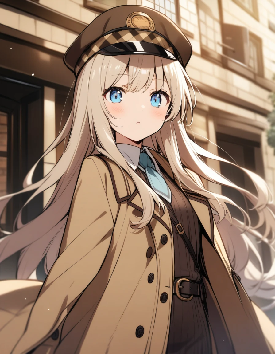 One Girl、Beige hair、Light blue eyes、long hair、Detective&#39;s outfit、Bangs、chibi、simple background,smile,Chibi、Simple Background、Chibi Character