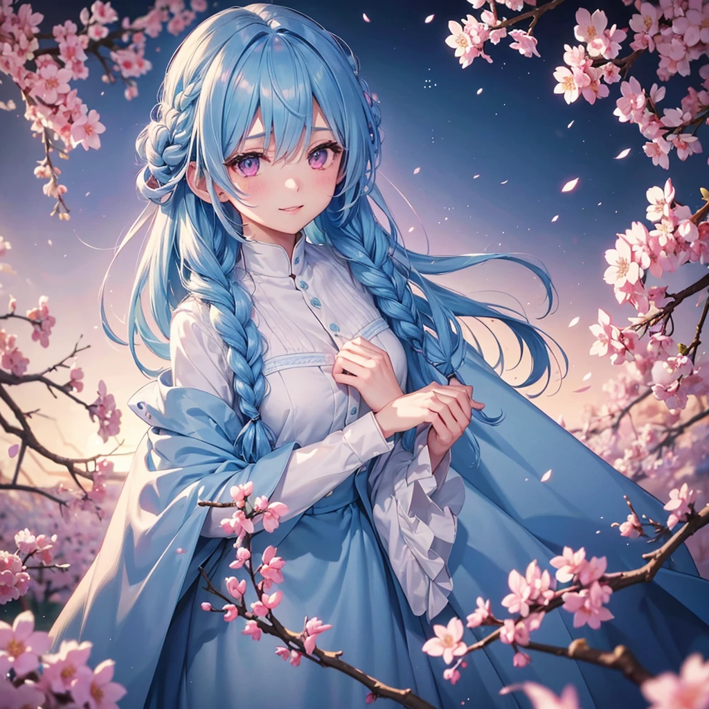 (Light Blue Medium Hair),(Braided Hair)、Pink Eyes、Fair skin、(whole body)、(uniform)、Cherry Blossoms at Night、Big smile、A dignified figure、alone、(masterpiece、Highest quality、Very detailed、Best Shadow)、(Detailed Background)、(Beautifully detailed face)、High Contrast、(Best lighting、Very delicate and beautiful)、((Cinematic Light))、colorful、Hyper Detail、Dramatic Light、Exquisite detail、