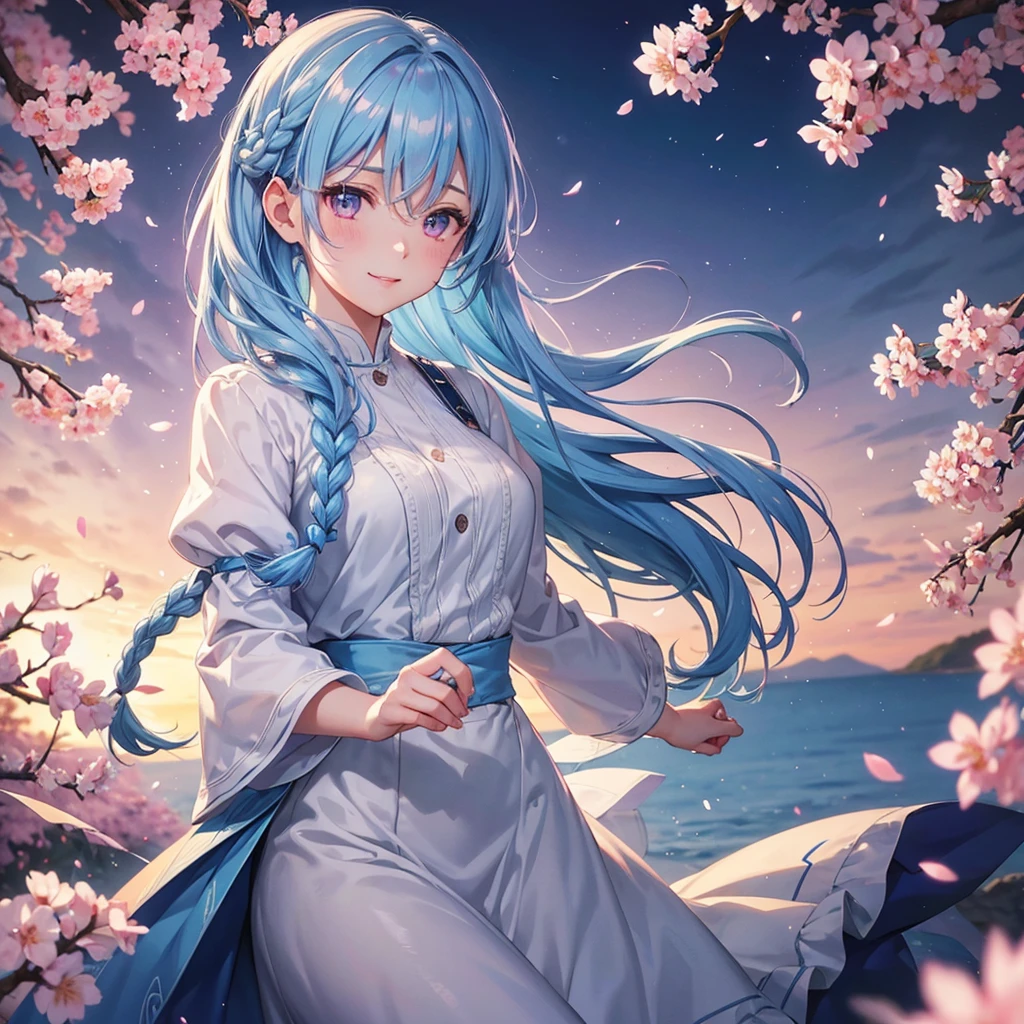 (Light Blue Medium Hair),(Braided Hair)、Pink Eyes、Fair skin、(whole body)、(uniform)、Cherry Blossoms at Night、Big smile、A dignified figure、alone、(masterpiece、Highest quality、Very detailed、Best Shadow)、(Detailed Background)、(Beautifully detailed face)、High Contrast、(Best lighting、Very delicate and beautiful)、((Cinematic Light))、colorful、Hyper Detail、Dramatic Light、Exquisite detail、