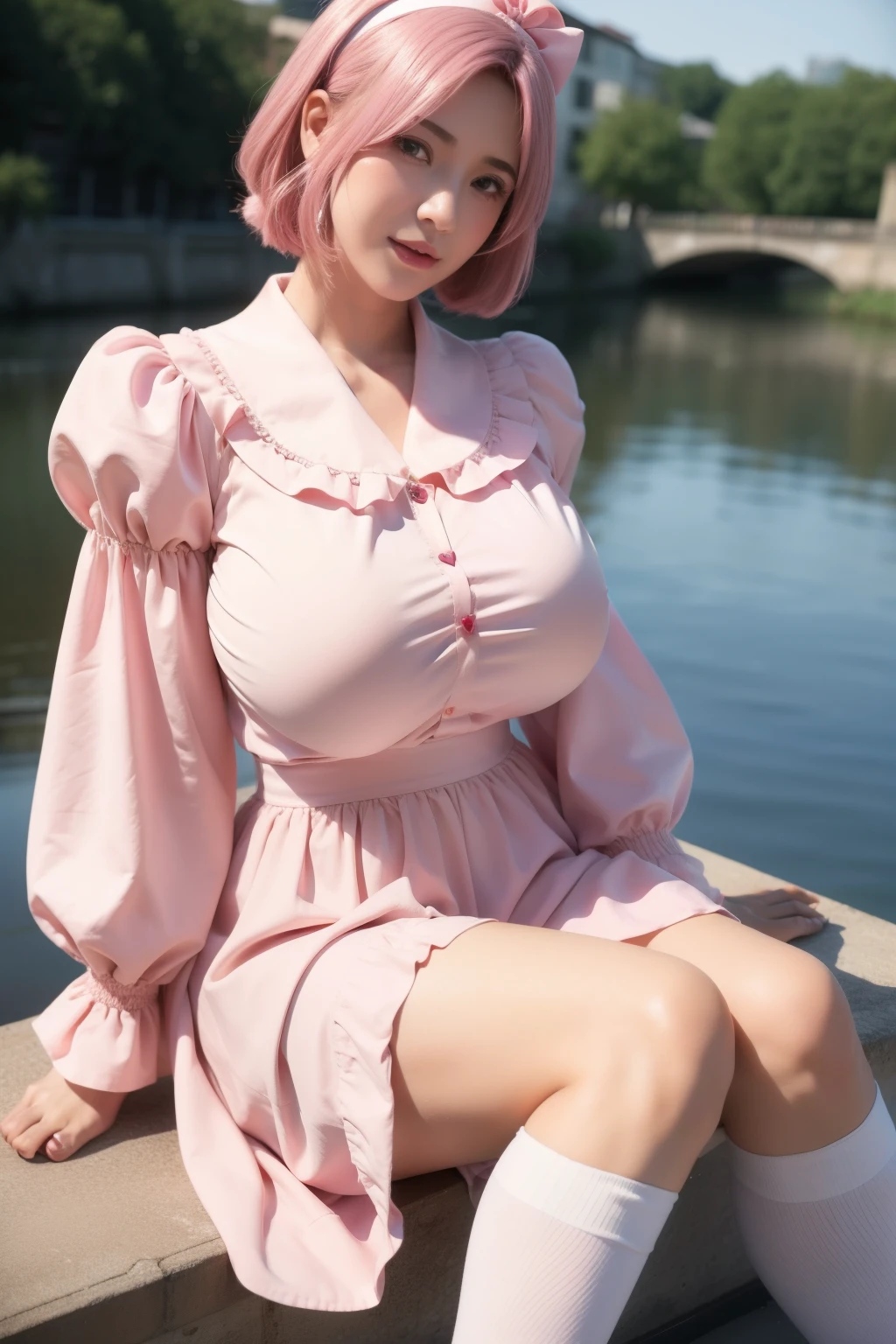 masterpiece, best quality, 1girl,  pretty girl，looking at viewer，embarrassed，tears in eyes, huge tit, mature_lady, sweat,covered_nipples,dress,,komeiji_satori(touhou), pink_hair, hairband, heart_hair_ornament, blouse, blue_shirt, heart_buttons, frilled_shirt_collar, frilled_sleeves, frills, long_sleeves, wide_sleeves, pink_skirt, mary_janes, white_socks, red_footwear,cunnilingus_gesture,on bridge,over a river,floating_hair,covered_nipples, (areola_slip:0.8)