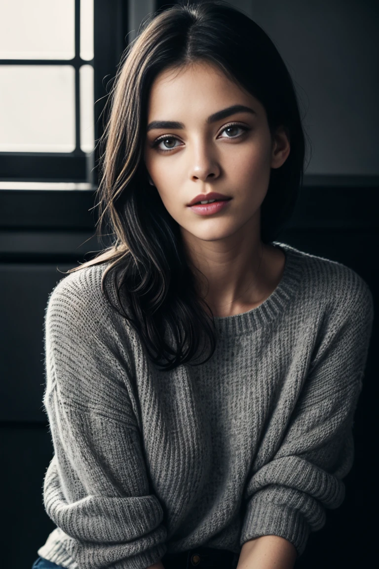 A sexy French woman, black sleeve rolled up to elbow sweater, short jean shorts, detailed face, beautiful eyes, beautiful lips, extremely detailed face and portrait, long eyelashes, cinematic lighting, dramatic lighting, warm color palette, chiaroscuro lighting, photorealistic, 8k, best quality, masterpiece