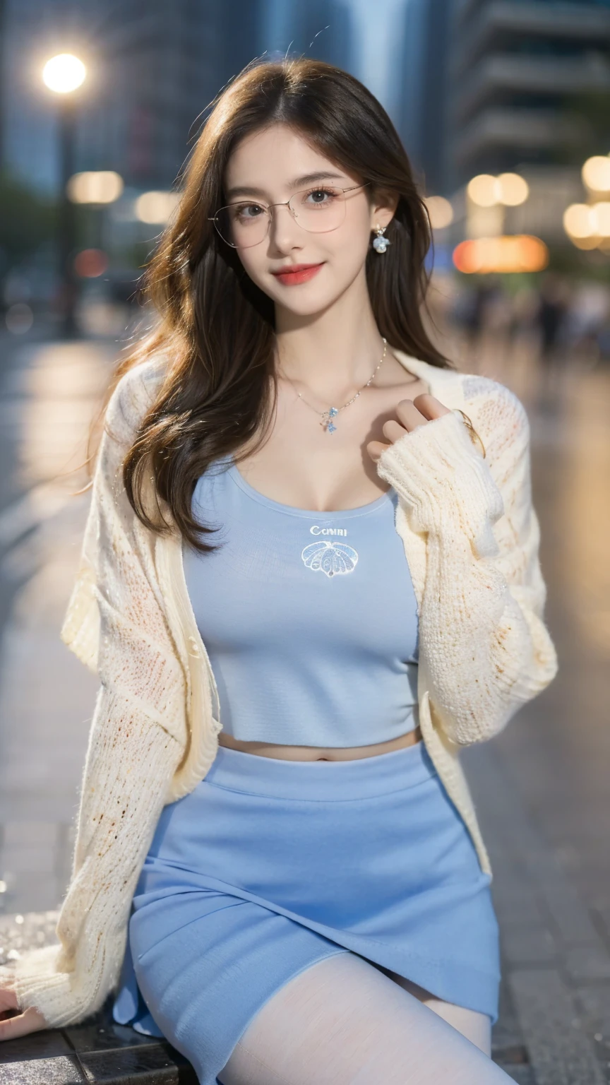 (Canon RF85mm f/1.2), (8k, original photo, best quality), (masterpiece), (Practical, photograph Practical), (Extremely detailed, High Detail, Best image quality, Very detailed, high resolution, Very detailed, Description of Extremely detailed, very good, Extremely exquisite and beautiful work), Beautiful and delicate girl, whole body, ((Perfect body)), ((cardigan,Wedding dress)),((Blue Skirt)) ((Pantyhose)), ((Bud)),Very detailed eyes and face, White skin, Noble and beautiful, ((Delicate skin texture, pores)), Perfect anatomical structure, Beautiful Body, Delicate face, Lean abdominal muscles, Slim waist), BIG ASS, (Large Breasts, Breast enlargement), (Soulful gaze, soulful eyes, Glowing eyes), (Beautiful clear eyes), (Bounce Curly Messy Long Hair), (Smile:1.2), (Fascinated expression), (Beautiful appearance), ((wear glasses)), earrings, necklace, ((night)), ((Street View, moonlight)), Physically Based Rendering, Realistic lighting, ((Looking at the audience)), ((eternal)), ((Happy and shy))