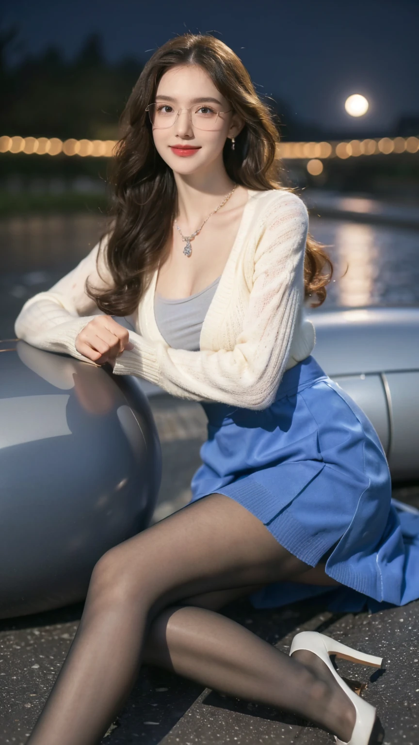 (Canon RF85mm f/1.2), (8k, original photo, best quality), (masterpiece), (Practical, photograph Practical), (Extremely detailed, High Detail, Best image quality, Very detailed, high resolution, Very detailed, Description of Extremely detailed, very good, Extremely exquisite and beautiful work), Beautiful and delicate girl, whole body, ((Perfect body)), ((cardigan,Wedding dress)),((Blue Skirt)) ((Pantyhose)), ((Bud)),Very detailed eyes and face, White skin, Noble and beautiful, ((Delicate skin texture, pores)), Perfect anatomical structure, Beautiful Body, Delicate face, Lean abdominal muscles, Slim waist), BIG ASS, (Large Breasts, Breast enlargement), (Soulful gaze, soulful eyes, Glowing eyes), (Beautiful clear eyes), (Bounce Curly Messy Long Hair), (Smile:1.2), (Fascinated expression), (Beautiful appearance), ((wear glasses)), earrings, necklace, ((night)), ((Street View, moonlight)), Physically Based Rendering, Realistic lighting, ((Looking at the audience)), ((eternal)), ((Happy and shy))