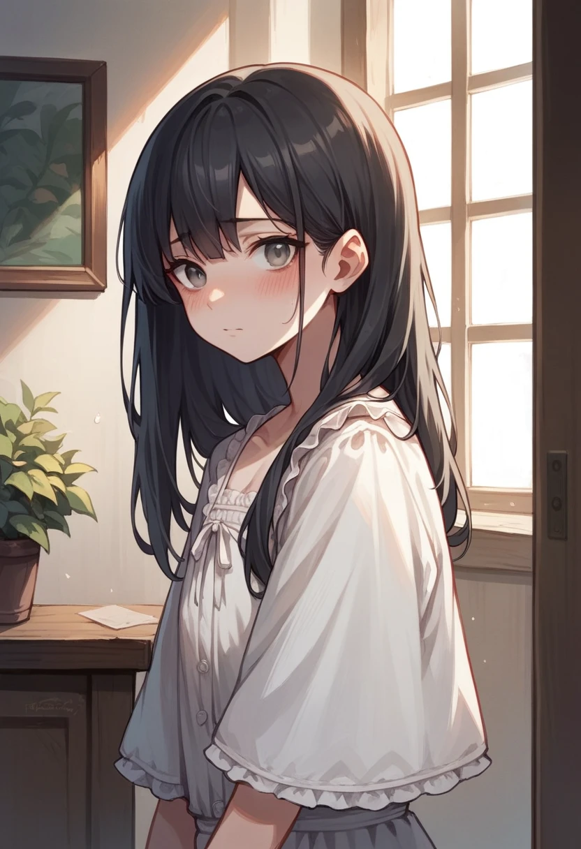 a digital painting of a woman with long black hair, grey eyes, a young noble woman from the 1800's , soft features, blush dress, in room, Slightly bulging abdomen，portrait style
