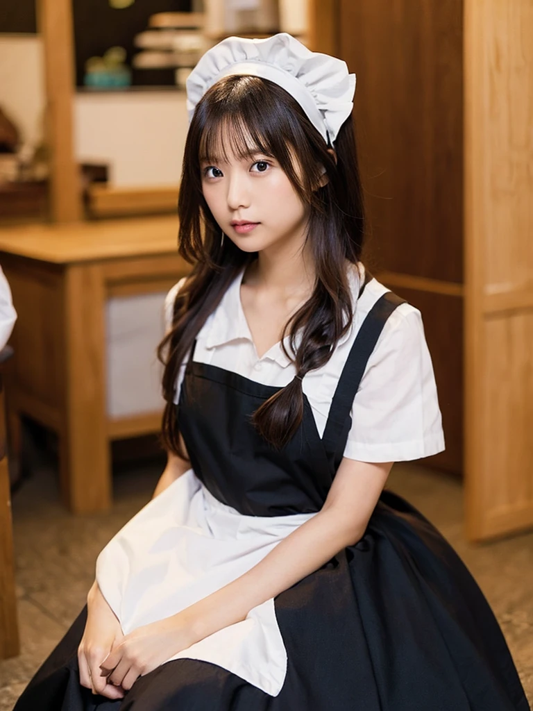 (score_9,score_8_up,score_7_up,),1girl, suzune horikita /(classroomoftheelite)/, red eyes, black hair, open long hair, bangs, braid
 skinny body,solo,maid,maid headdress,looking at viewer,apron,brown hair,indoors,black hair,bare foot,feet focus,two feet,