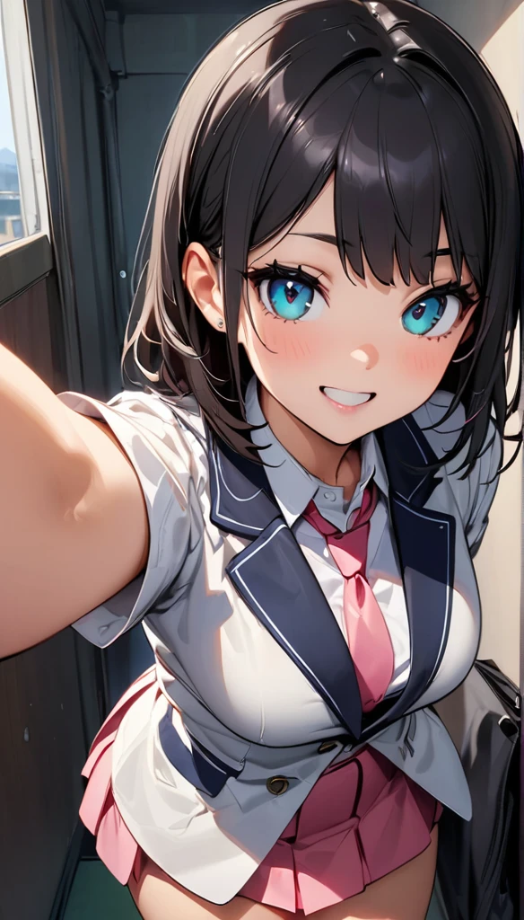 (Hoan Lap,High resolution,Super detailed,NFSW),Masterpiece artwork,Highest quality,1 ,Beauty,Long black hair,Detailed face,Brunette、expensive 、Dark Blue Blazer、Pink mini skirt、Pink tie、School,date、Esbian Full Body、Dimples、,Sparkling、Selfie,Bright smile,(Turquoise Eyes)18-year-old girl、beautiful girl、Cute Japanese、girl、open legs