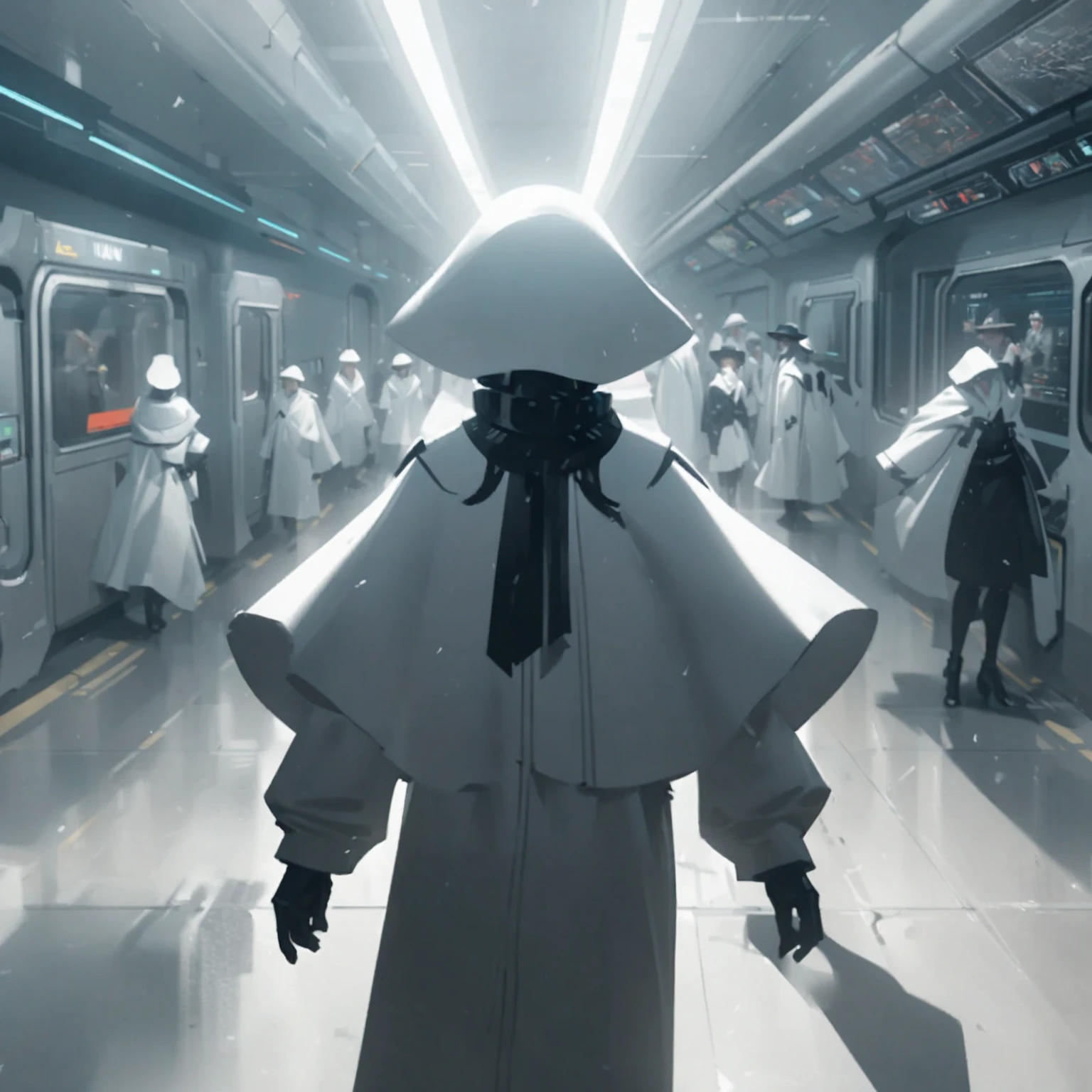there are many people in white robes and hats on a subway, inspired by Jean Tabaud, film still of 2b nier automata, depicted as a scifi scene, futuristic cyber subway station, sci - fi illustrations, sci-fi illustrations, six from little nightmares, artwork in the style of guweiz, akihiko yoshida. unreal engine