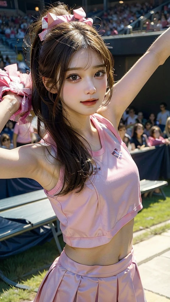 best quality, masterpiece, 1girl, cheerleader, pink uniform, cheering, upper body