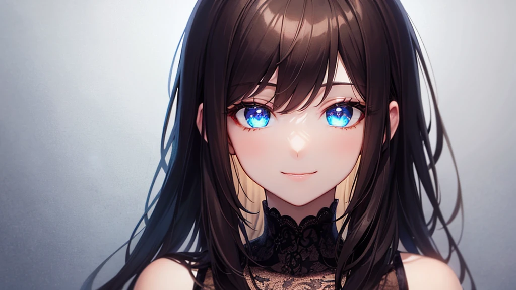 Highest quality, 8k, 4K, High resolution, High Contrast,1girl,only,Beautiful dark brown hair,Straight Long Hair,(Beautifully detailed face),Blue, clear eyes,Upper Eye,She has big breasts,20generation, Happy, smile, , A wonderful sight