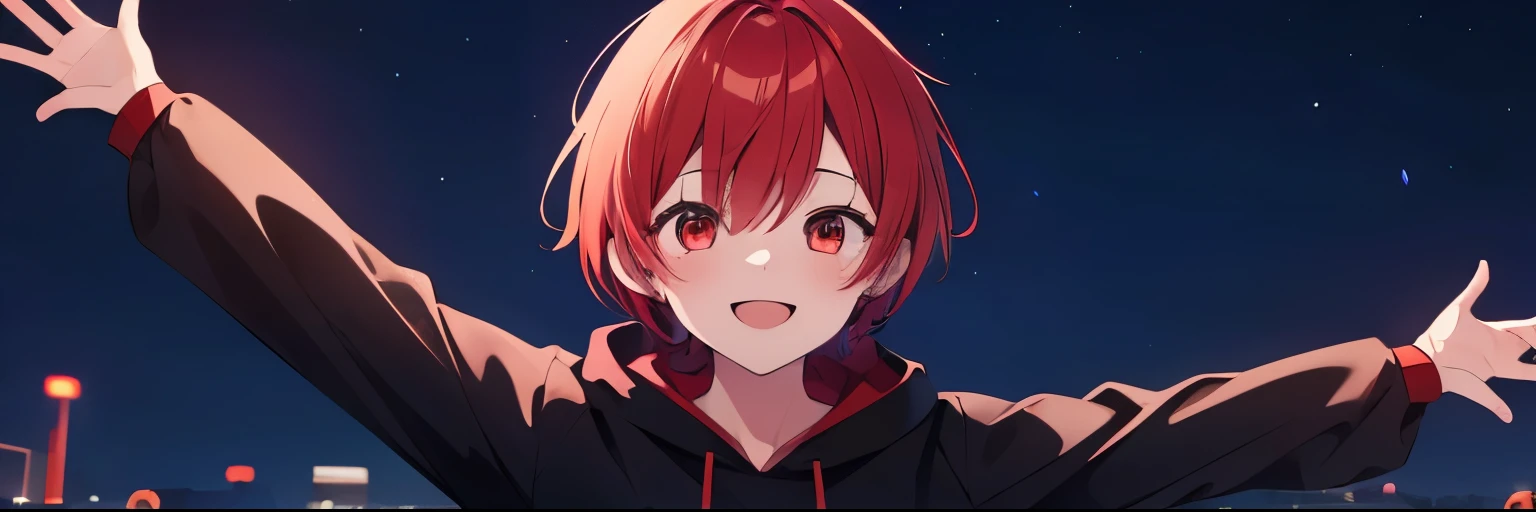 (Highest quality), (masterpiece), 1080P, High resolution, 4K, 8k, boy, Red hair, Red Eye, short hair, devil, Black hoodie, Upper Body, Lock, Night Sky, Starry Sky, Open your arms, smile