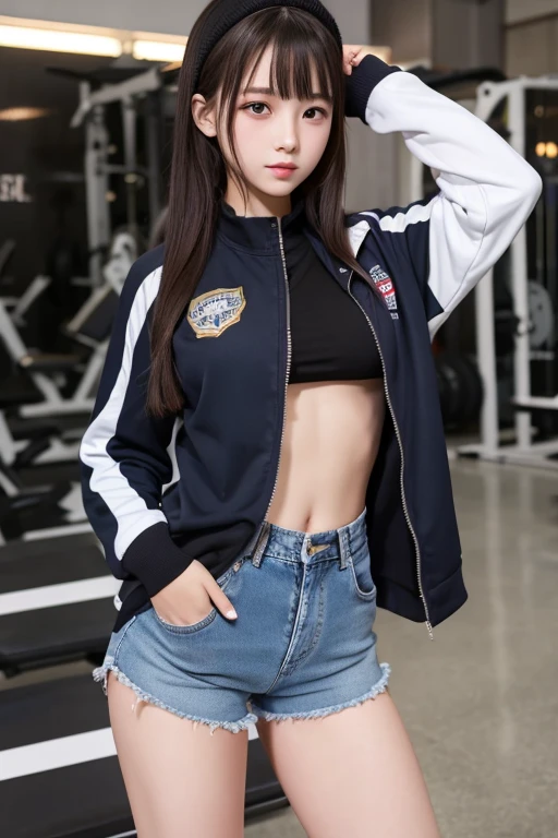 Highest quality、8k、Junior high school girl、Big Breasts、Gym suit、Denim shorts、Black knee-high socks、From directly below