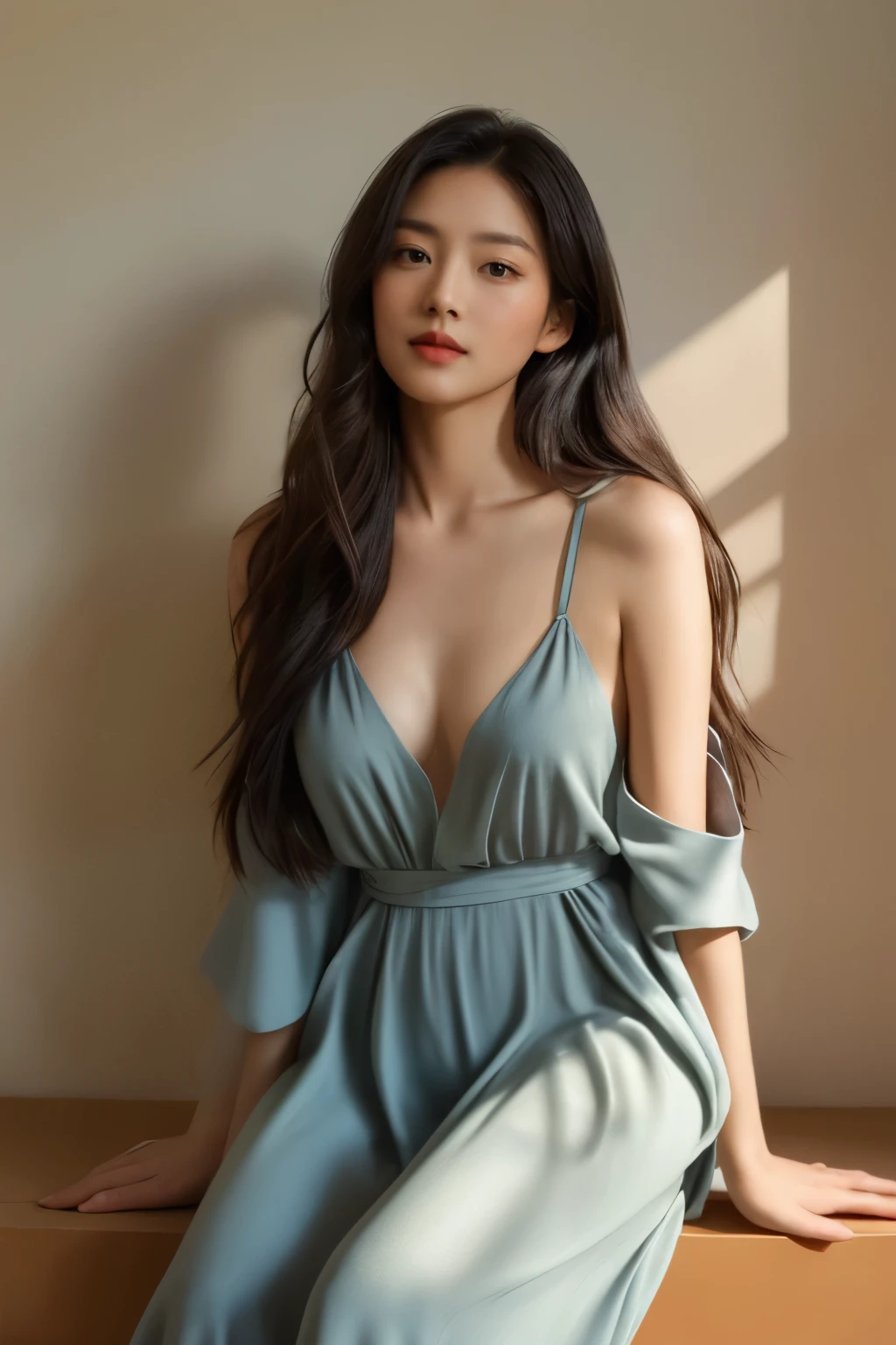 The image depicts a painting of a woman seated in a relaxed pose. She has long, dark hair that cascades over her shoulders and down her back. Her attire appears to be a loose, flowing garment with a plunging neckline, suggesting a sense of casual elegance. The color palette is soft, with the woman's skin tone rendered in a warm, natural hue, contrasting gently with the lighter tones of her clothing. The background is abstract, with indistinct shapes and a blend of warm and cool colors, providing a dreamlike atmosphere. The painting style is realistic with a focus on the play of light and shadow, giving the figure a three-dimensional quality. The overall mood of the painting is serene and contemplative., painting